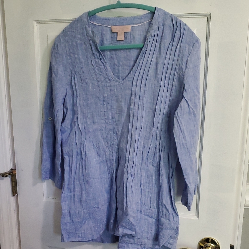 Saint Tropez West Blue Pleated 3/4 Sleeve Blouse